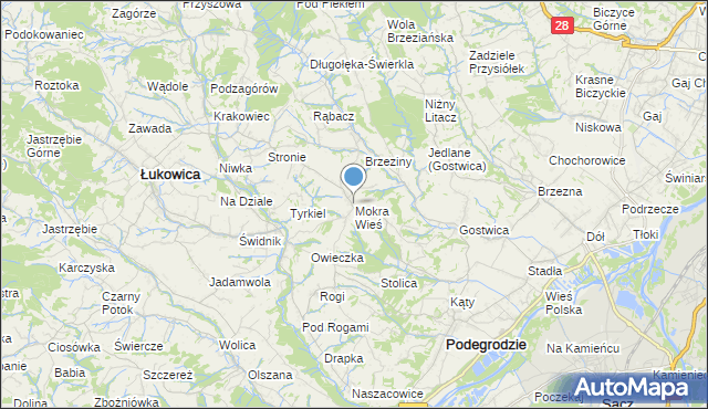 mapa Mokra Wieś, Mokra Wieś gmina Podegrodzie na mapie Targeo